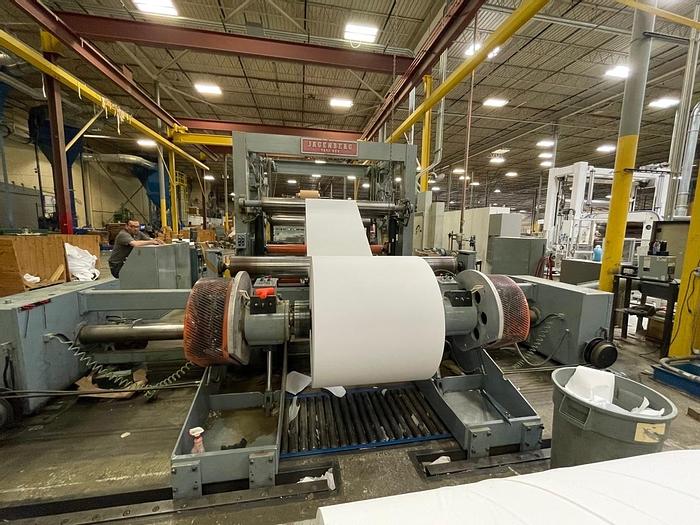 Used 84" WIDE JAGENBERG VARIDUR TWO DRUM SLITTER REWINDER SHAFTLESS REWIND FOR 60" OD ROLLS