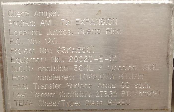 Unused Heat Exchanger, Shell & Tube, 88 SF, 316 S/st, FV, 150 PSI #S742982