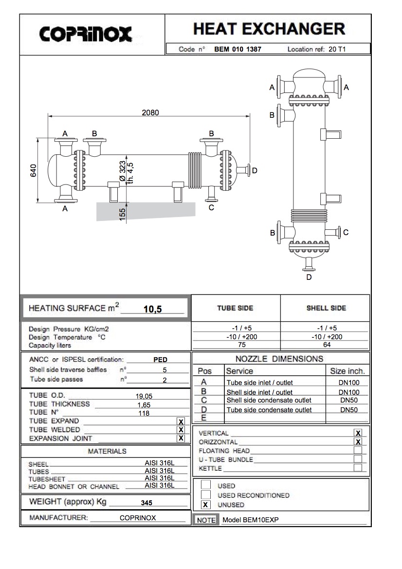 Scambiatore di calore / condensatore da 10 m2 in AISI316L