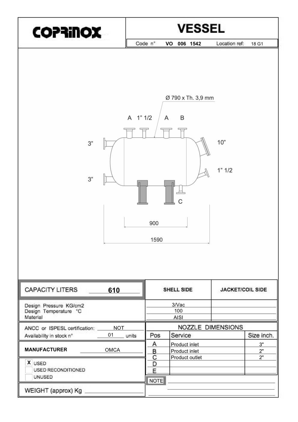 Used OMCA 610 Liters tank