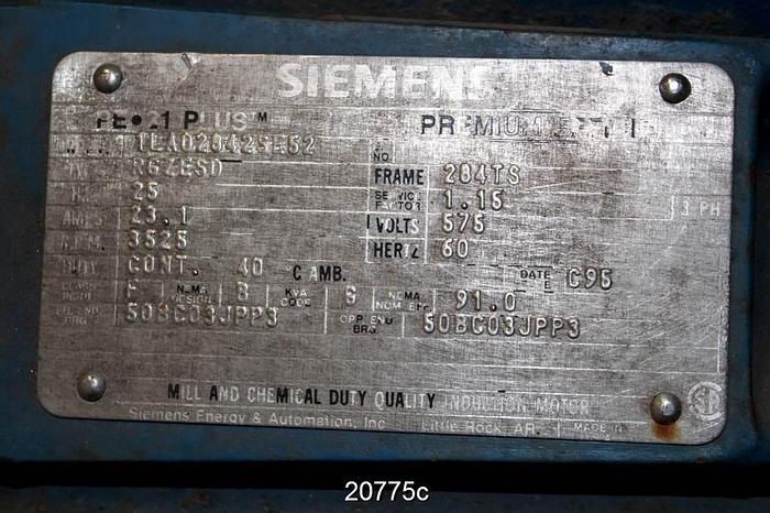 Used Siemens RSZESD Motor, 25 Hp, 3525 Rpm, 575 Volt, 284Ts Frame, 60 Hz, 1.15 S.F., Order No.: 1La02842Se52 #20775