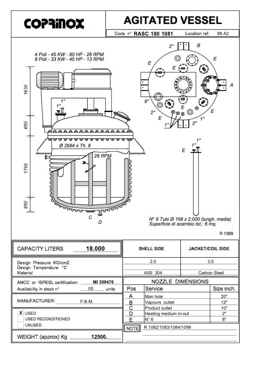Used F.B.M. reactor from 18000 Liters