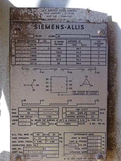Used 1,500 KVA 13,000V SIEMENS-ALLIS SUBSTATION 480Y/277 VOLTS CU WINDING