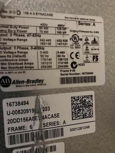 Used ALLEN BRADLEY POWERFLEX 700S DRIVE 125 HP