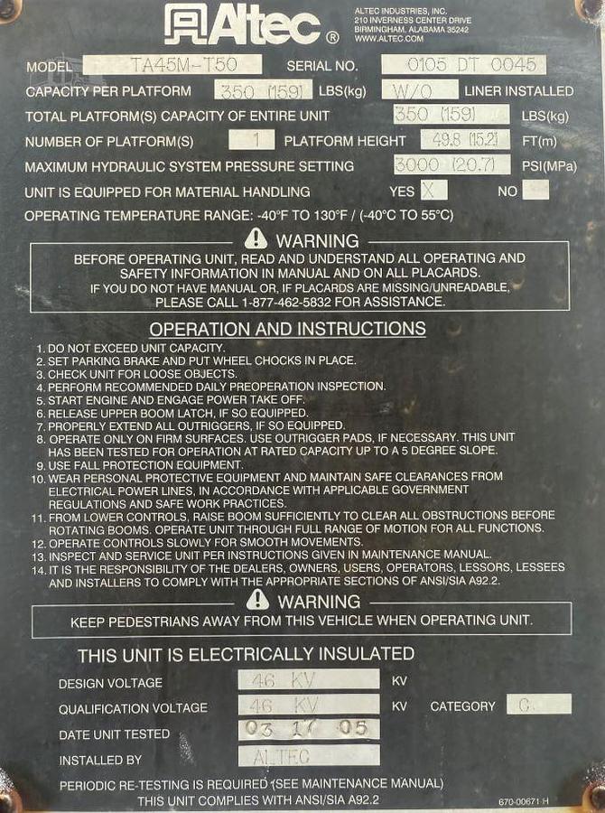 Used 2005 ALTEC TA45M-T50 MOUNTED ON 2005 INTERNATIONAL DURASTAR 4300