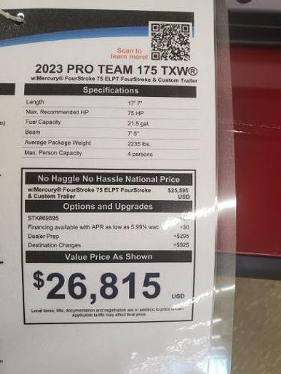 Used 2023 Bass Tracker Pro Team 175 TXW 175 YXW