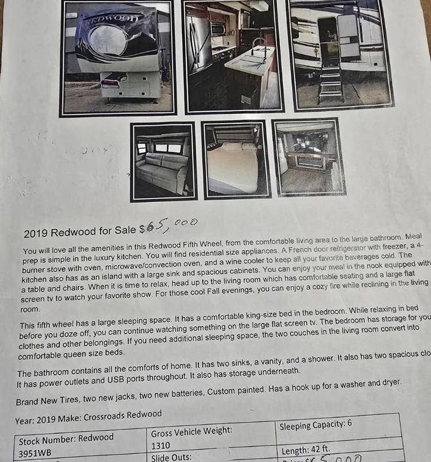 Used 2019 Crossroads Redwood 3951WB Fifth Wheel