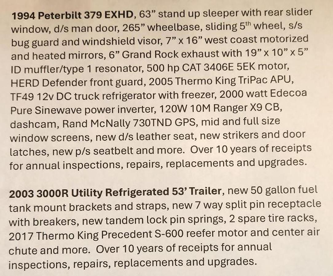 Used 1994 PETERBILT 379EXHD and 2003 3000R Utility Refrigerated 53' Trailer