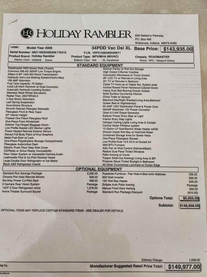 Used 2008 Holiday Rambler Vacationer Xl 34pdd