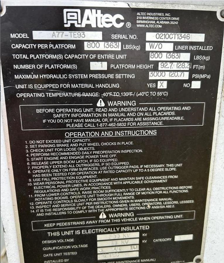 Used 2010 ALTEC A77TE93 MOUNTED ON 2010 International Workstar 7400