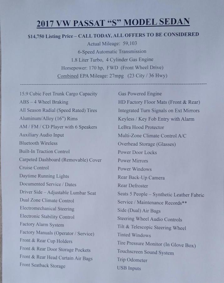 Used 2017 Volkswagen Passat Sedan S