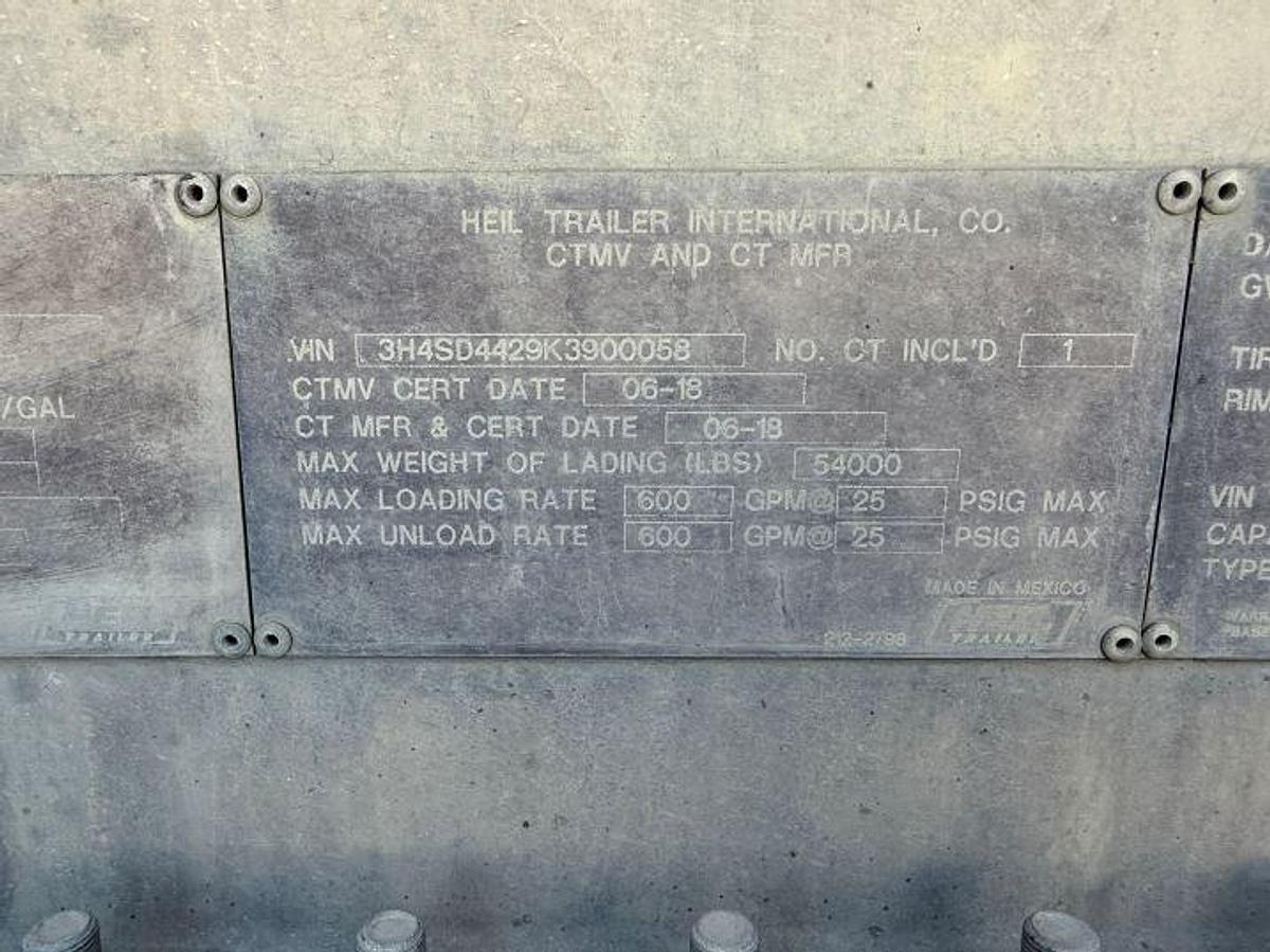 Used 2019 Heil Single Compartment Tanker Trailer