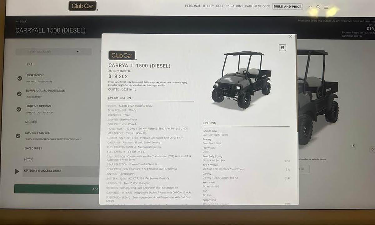 Used 2018 Club Car Carryall Diesel 4X4 UTV
