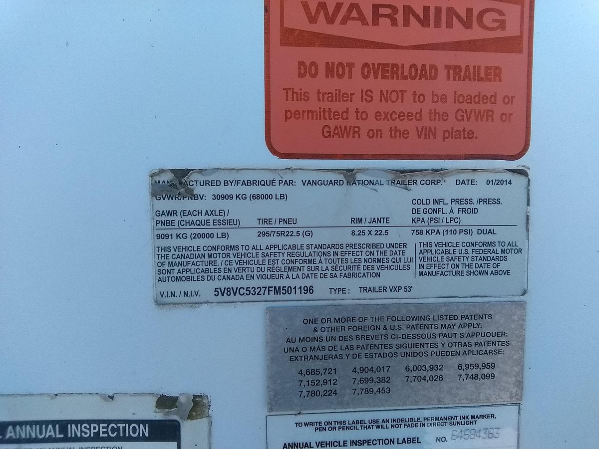 Used 2014 Vangaurd 53 ft Dry Van Trailer