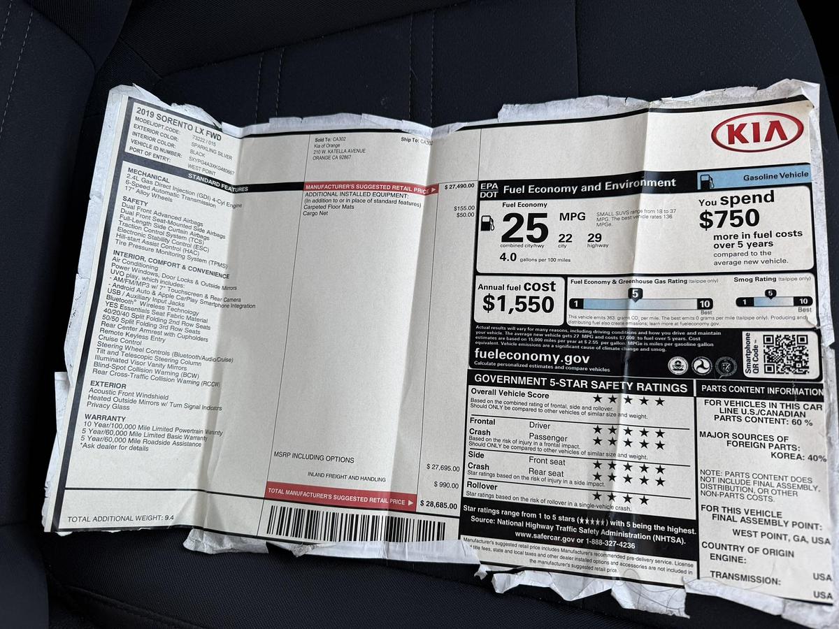 Used 2019 Kia Sorento LX 2WD