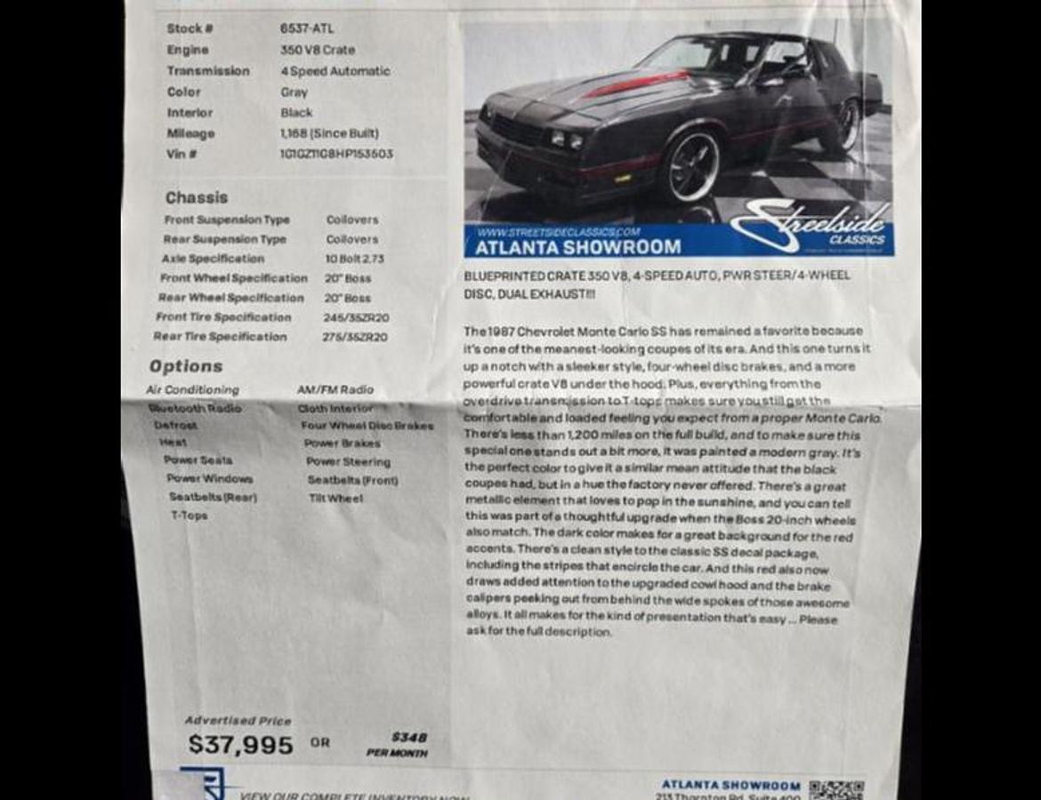 Used 1987 Chevrolet Monte Carlo SS