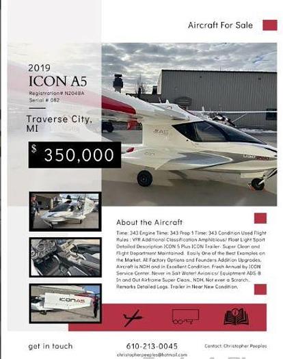 Used 2019 ICON Aircraft A5 with Trailer