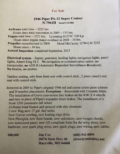 Used 1946 PIPER PA 12 Super Cruiser