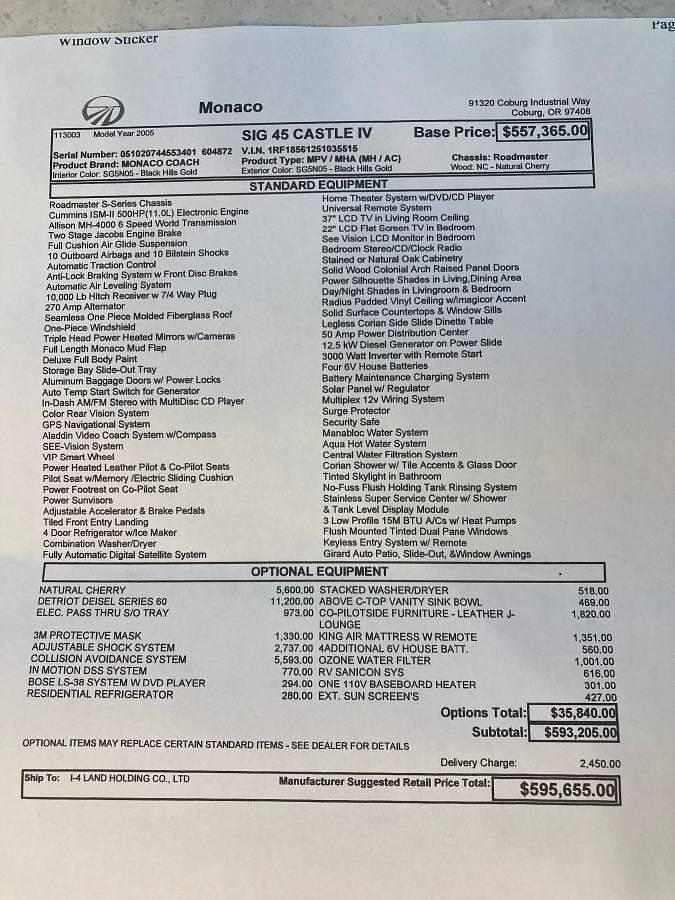 Used 2005 Monaco Signature Castle IV Class A Motorhome