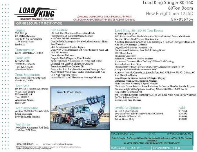Used 2022 Load King Stinger 80-160 Mounted on a 2022 Freightliner 122SD