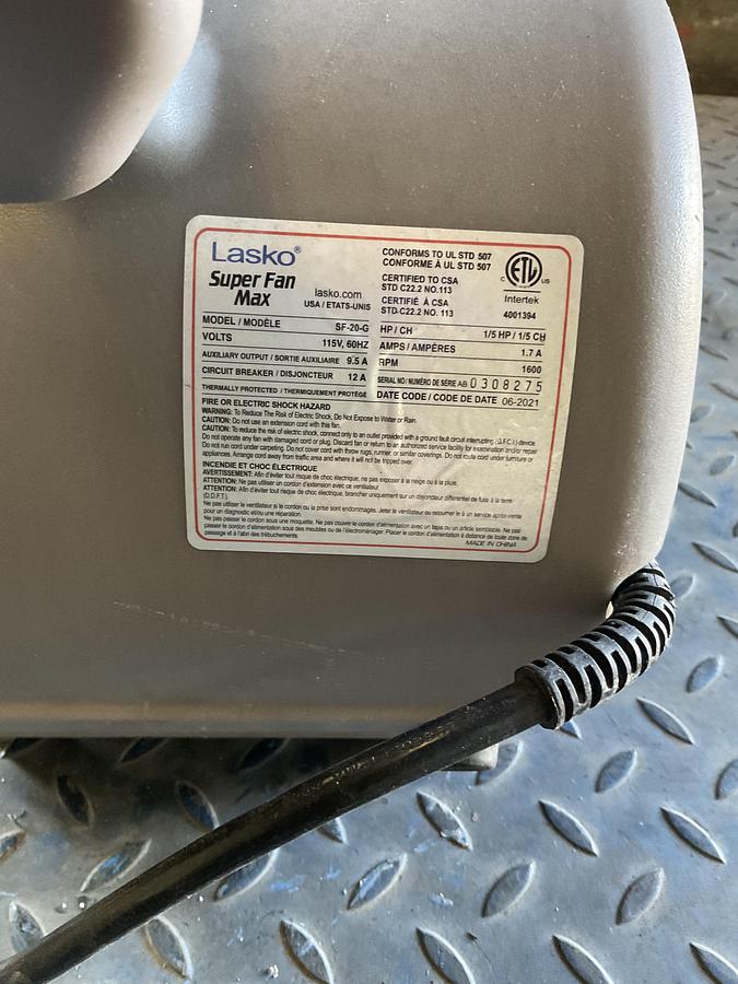 Used LASKO SUPER FAN MAX SF-20-G PORTABLE AIR MOVER / FLOOR FAN – 115V, 1/5 HP