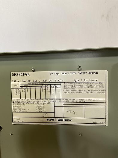 Used EATON HEAVY DUTY SAFETY SWITCH, DH221FGK; 240V; 30AMP; 2 POLE; TYPE 1  !