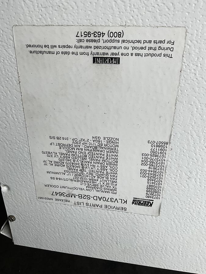 Used KEEP RITE UNIT COOLER / EVAPORATOR KLV370AD-S2B-MP3647