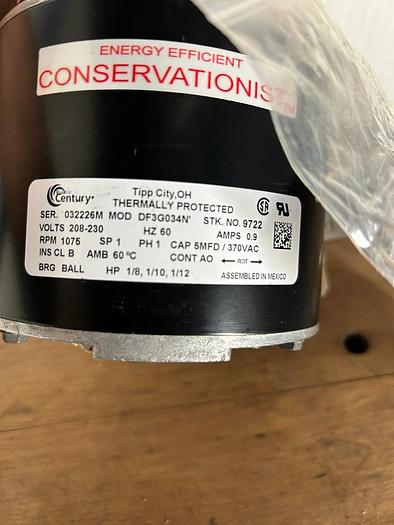 Used CENTURY, 1/8 1/10 1/12 HP, PH 1, 208-230V, 1075 RPM, DF3G034N' !