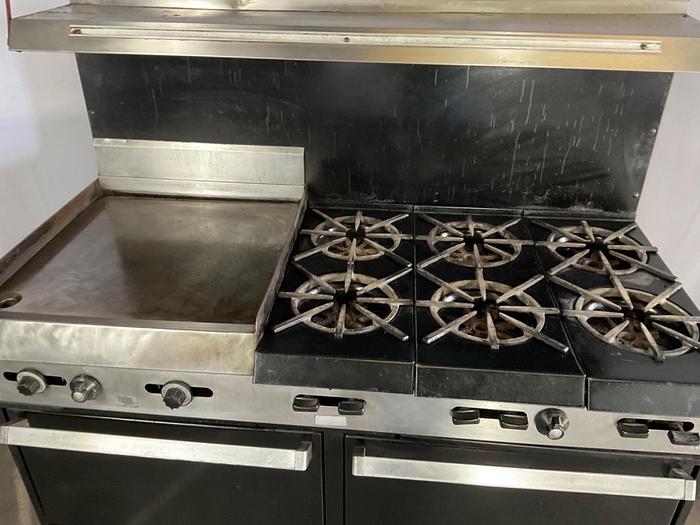 Used  6 BURNER RANGE WITH FLAT GRIDDLLE AND 2 STANDARD OVENS ./