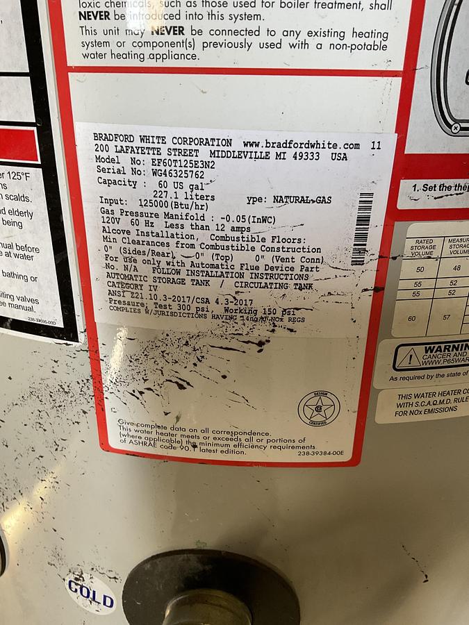 Used BRADFORD WHITE ECO MAGNUM EF SERIES 60 GALLON NATURAL GAS WATER HEATER – 125,000 BTU/HR, ULTRA HIGH EFFICIENCY