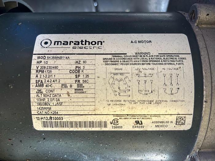 Used MARATHON ELECTRIC 5K35MNB114A; 1/2HP; 208-230/460 V; 1725 RPM