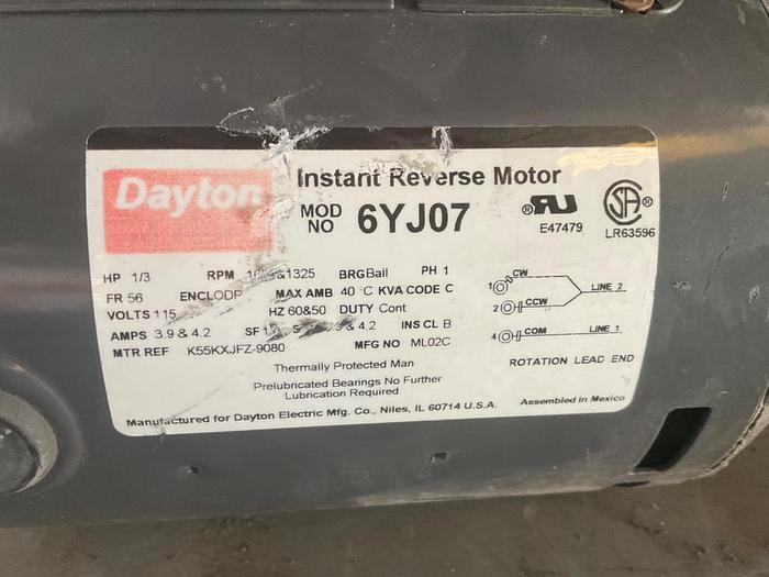 Used DAYTON INSTANT REVERSE MOTOR:6YJ07;HP1/3;PH1;V115;RPM1650-1325 !