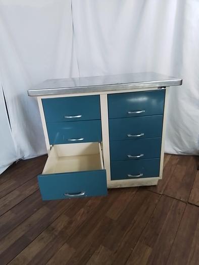 Used MOBILE METAL TABLE WITH STAINLESS STEEL TOP AND DRAWERS*