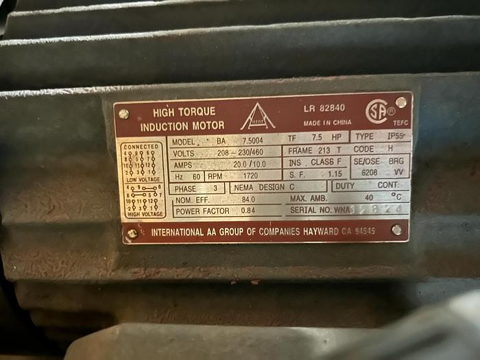 Used HIGH TORQUE INDUCTION MOTOR, BA 7.5004 TF, 7.5HP, VOLTS 208-230/460, 20.0/10.0, 1720 RPM !