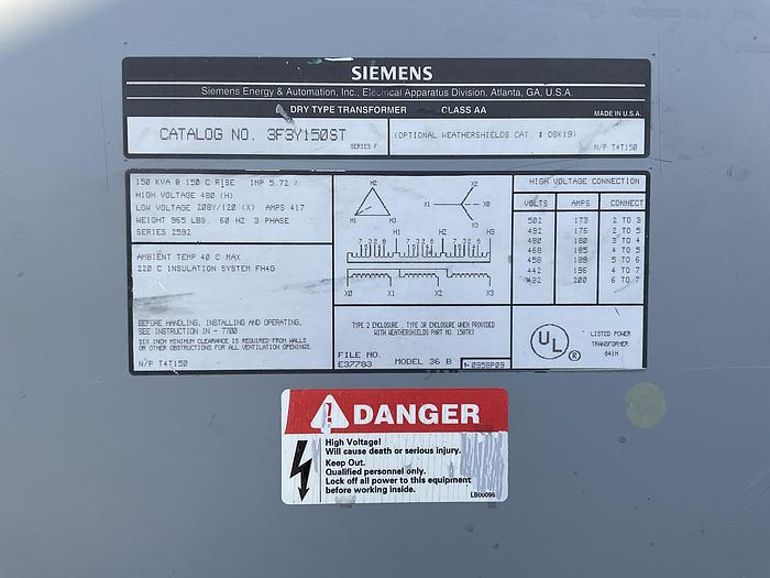 Used TRANSFORMER SIEMENS 150 KVA; 3 PH; 480-208Y/120 V3F3Y150ST.*