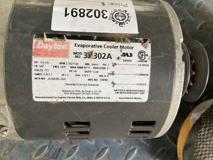Used DAYTON EVAPORATIVE COOLER MOTOR, 3K312A, 1/3-1/9 HP; 1 PH: 115 VOLTS. !
