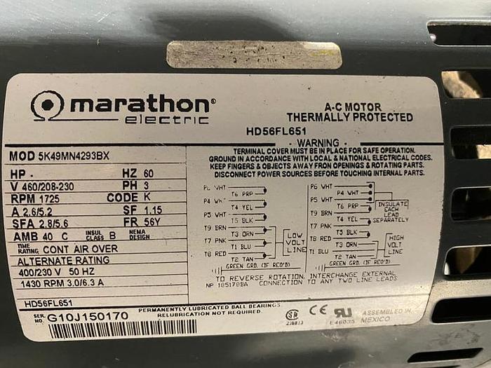 Used MARATHON MOTOR 1 HP; 3 PH; 1725 RPMS; 5K49MN4293BX !