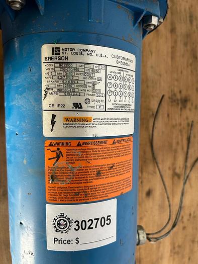 Used G&L CENTRIGUAL PUMP MODEL MCS WITH  EMERSON MOTOR , 3HP, 3 PH, 208-230/460 V, 8.2-7.8/3.9 AMPS, 3450 RPMS, R613055.   