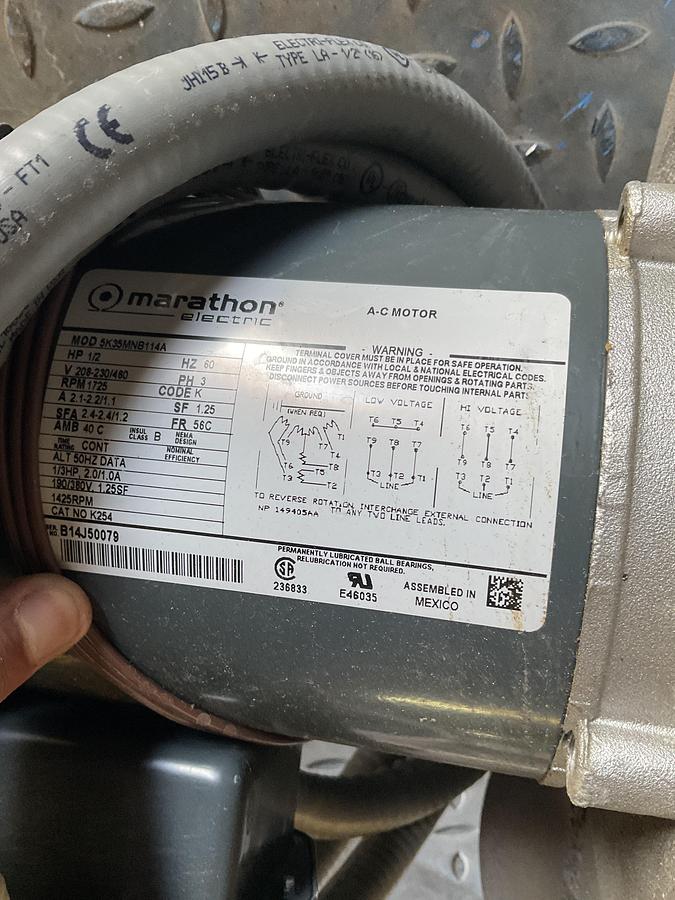 Used AMERICAN FAN CO. SC-800 INDUSTRIAL CENTRIFUGAL BLOWER WITH MARATHON MOTOR – 1/2 HP, 208–230/460V, 3-PHASE