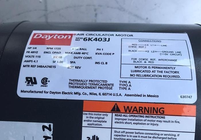 Used DAYTON AIR CIRCULATOR MOTOR 1/4 HP; 1 PHASE; 1725 RPMS; DAYTON  6K403J !