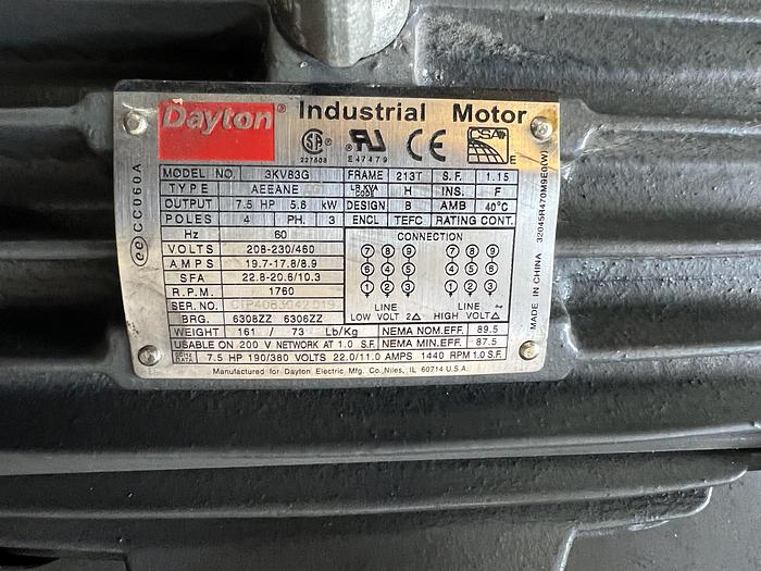 Used MOTOR DAYTON 7.5 HP; 3 PH; 1760 RPMS; 3KV83G !
