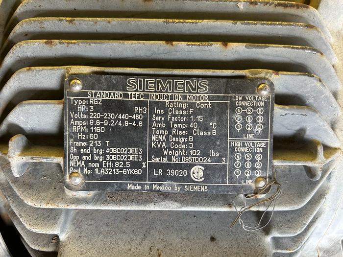 Used INDUCTION MOTOR; 3 HP; 3 PH; 1160 RPMS;  LR 39020