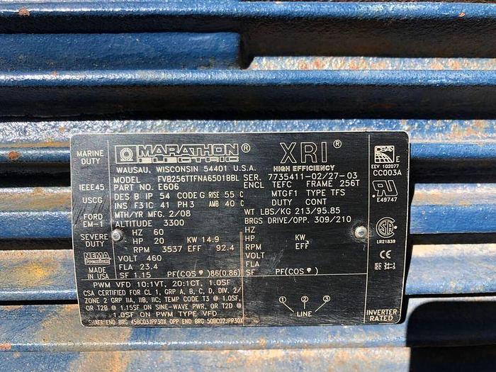 Used MOTOR 20 HP MARATHON FVB256TTFNA6501BBL !