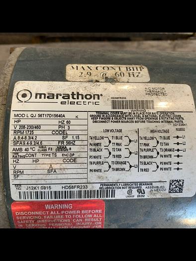 Used MOTOR MARTHON ELECTRIC 3 PHASE; 1725 RPM; QJ 56T17D15640A./