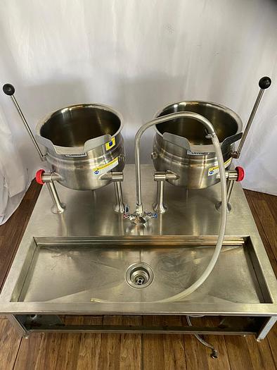 Used CLEVELAND DUAL 6 GALLON DIRECT STEAM TILTILNG KETTLE ON STAND WITH SINK  SD-1050-K6 !