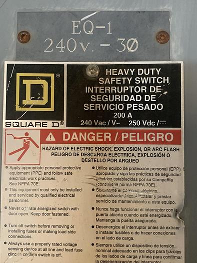 Used HEAVY DUTY SAFETY SWITCH/DISCONNECT 200A H324N !