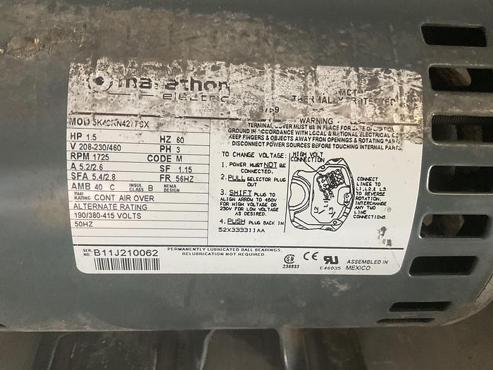 Used MARATHON ELECTRIC; 1.5 HP: 3 PH; V-2018-230/460; 1725 RPM; 5K40RN4277CX !