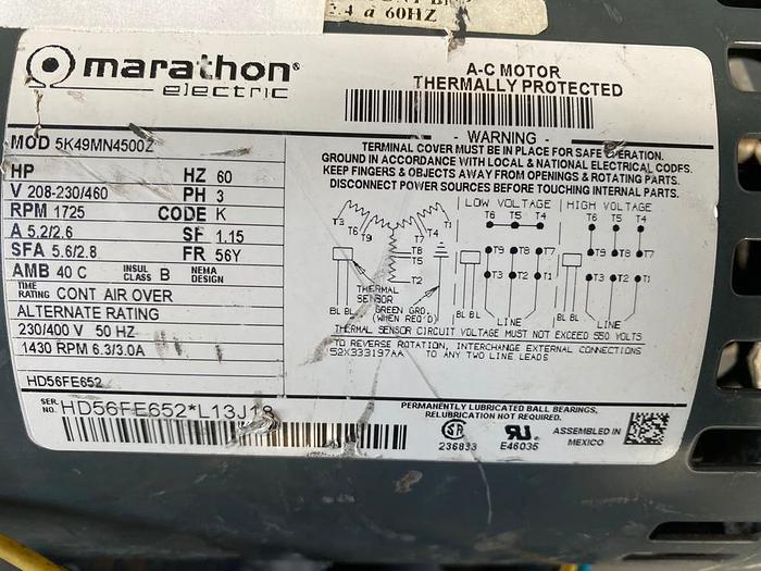 Used MARATHON ELECTRIC-5K49MN4500Z;PH: 3; RPM:1725 \