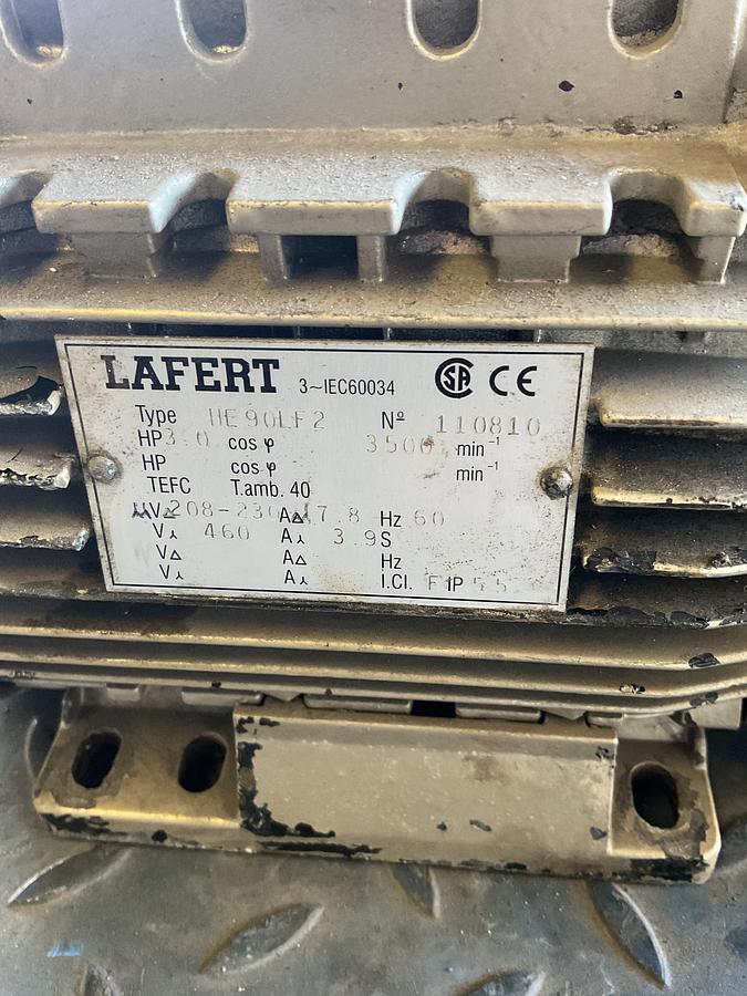 Used LAFERT 3 HP ELECTRIC MOTOR WITH PUMP – 3 PHASE, 208–230/460V, TEFC