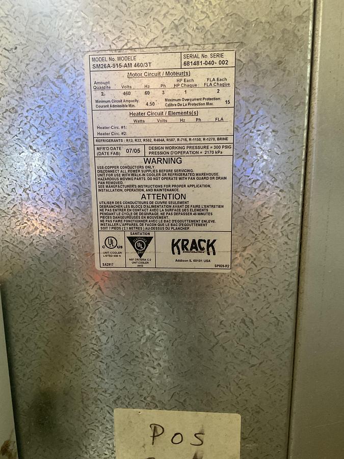 Used KRACK UNIT COOLER / EVAPORATOR – MODEL SM26A-915-AM 460/3T